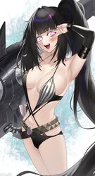  absurdres architect_(girls&#039;_frontline) architect_(nvw_model)_(girls&#039;_frontline) arm_up arm_warmers armpits bare_shoulders belt black_hair black_one-piece_swimsuit blush breasts cleavage collarbone cowboy_shot female fingerless_gloves girls&#039;_frontline gloves gun highres holding holding_gun holding_weapon long_hair looking_at_viewer medium_breasts nail_polish navel official_alternate_costume one-piece_swimsuit one_side_up open_mouth pink_eyes pink_nails rocket_launcher sangvis_ferri saturndxy side_ponytail simple_background single_fingerless_glove smile solo standing swimsuit teeth twitter_username upper_teeth_only v v_over_eye very_long_hair weapon 