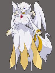  2023 3:4 4_fingers anthro areola areola_slip big_breasts blue_eyes breasts collar eye_through_hair featureless_feet feet female fingers fluffy fluffy_tail fusion gardevoir generation_3_pokemon generation_5_pokemon gold_(metal) gold_jewelry grey_background hair hi_res jewelry legendary_pokemon nintendo not_furry pokemon pokemon_(species) pokemon_fusion reshiram simple_background solo tail thick_thighs translucent translucent_hair tuft white_body white_hair zacianswords 