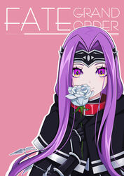  absurdres black_cloak black_gloves brown_background character_name cloak closed_mouth commentary_request copyright_name fate/grand_order fate_(series) female flower gloves grey_flower grey_rose hand_up headpiece highres holding holding_flower hood hood_down hooded_cloak long_hair looking_at_viewer medusa_(fate) medusa_(lancer)_(fate) outline parted_bangs purple_eyes purple_hair rose sidelocks smile solo very_long_hair white_outline yuuta_(yuuta0312) 