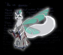  angelic anthro asian_clothing background_text big_tail canid canine chimera clothing dahbastard digital_drawing_(artwork) digital_media_(artwork) divine dragonfly_wings east_asian_clothing english_text eukayoticprokaryote feathers fox fur grey_clothing hi_res huge_tail insect_wings japanese_clothing mammal robe solo tail text translucent translucent_wings white_body white_clothing white_fur wings 