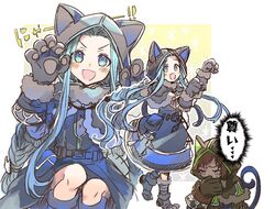  1boy animal_ears animal_hands animal_hood belt blue_eyes blue_hair blush_stickers brown_hair capelet cat_hood cosplay fake_animal_ears female fur_trim gloves gran_(granblue_fantasy) granblue_fantasy hood kuzumiya_yuyu long_hair lyria_(granblue_fantasy) nekomancer_(granblue_fantasy) nekomancer_(granblue_fantasy)_(cosplay) open_mouth paw_gloves tail tears 