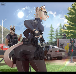  2022 anthro artist_name aspen_tree ass black_bars bullet_hole canid canine canis canis_wulfen car clock clothing cloud cougar eyewear felid feline female female_focus glasses grass gun handgun hi_res hinget holding_gun holding_handgun holding_object holding_pistol holding_ranged_weapon holding_stopwatch holding_weapon holster lada male mammal mountain outside pistol plant police police_uniform ranged_weapon shooting_range sky stopwatch sun target_practice tree uniform valerie_(grizzlygus) vehicle watch watermark weapon widescreen wolf year 