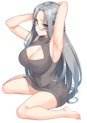  alternate_costume armpits arms_behind_head arms_up azur_lane barefoot blush braid breasts cleavage cleavage_cutout clothing_cutout commentary dress duplicate female forehead french_braid glasses grey_eyes grey_hair hair_ornament highres large_breasts legs long_hair looking_at_viewer parted_bangs pixel-perfect_duplicate ribbed_dress semi-rimless_eyewear shangri-la_(azur_lane) simple_background sitting snowflake_hair_ornament solo super_nagoyaka sweater sweater_dress turtleneck turtleneck_dress wariza white_background 