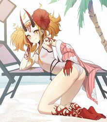  absurdres arm_support ass bare_shoulders barefoot beach beach_chair blonde_hair breasts english_commentary facial_mark fangs fate/grand_order fate_(series) feet female fingernails floral_print flower forehead_mark full_body hair_flower hair_ornament hairband hand_on_own_cheek hand_on_own_face hibiscus highres horns ibaraki_douji_(fate) ibaraki_douji_(swimsuit_lancer)_(fate) ibaraki_douji_(swimsuit_lancer)_(second_ascension)_(fate) japanese_clothes kimono kiritzugu kneeling looking_at_viewer one-piece_swimsuit oni oni_horns palm_tree pink_kimono red_flower sharp_fingernails sharp_toenails shore small_breasts smile smug soles solo swimsuit tattoo thighs toenails toes tree twintails unworn_kimono white_one-piece_swimsuit yellow_eyes 