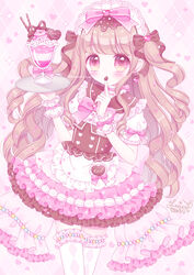  apron argyle_clothes argyle_thighhighs blush bow brown_hair commentary_request female food_on_hand frilled_apron frilled_thighhighs frills heart heart_background highres himetsuki_luna holding holding_tray long_hair looking_at_viewer original parfait pink_bow pink_eyes pink_skirt plaid plaid_background puffy_short_sleeves puffy_sleeves ringlets shirt short_sleeves signature skirt solo sparkle thighhighs tray twitter_username two_side_up very_long_hair waist_apron white_apron white_shirt white_thighhighs wrist_cuffs 