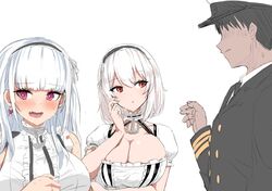  1boy 2girls anchor_choker azur_lane blush breasts choker cleavage commander_(azur_lane) commentary dido_(azur_lane) earrings frilled_choker frills hairband highres jewelry lace-trimmed_hairband lace_trim large_breasts multiple_girls open_mouth red_eyes sirius_(azur_lane) upanishi_mariko upper_body white_hair 