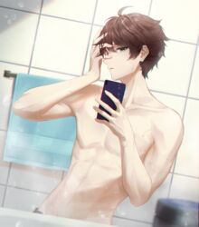  1boy cellphone ciawasemono collarbone commentary_request green_eyes hand_on_own_face highres holding holding_phone male_focus min_suha nijisanji nijisanji_kr phone smartphone solo tile_wall tiles toned toned_male topless_male towel towel_rack virtual_youtuber wet 