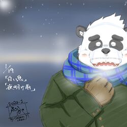  1:1 2020 bear blush closed_eyes clothing fur giant_panda hi_res humanoid_hands kemono male mammal outside scarf shirt slightly_chubby solo tanutronik753_k topwear white_body white_fur 