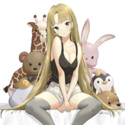  absurdres bare_shoulders black_shirt blonde_hair breasts brown_hair cleavage collarbone commentary_request female frown grey_thighhighs highres large_breasts long_hair looking_at_viewer original saemoy shirt short_shorts shorts simple_background solo stuffed_animal stuffed_bird stuffed_cat stuffed_dog stuffed_giraffe stuffed_penguin stuffed_rabbit stuffed_toy teddy_bear thighhighs very_long_hair white_background white_shorts 