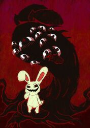  absurd_res ambiguous_gender anthro big_ears black_eyes black_mouth chikn_nuggit demon duo eldritch_abomination fur gradient_background hi_res iscream_(chikn_nuggit) iscream_(true_form) joyful lagomorph leporid mammal mischievous_smile nonbinary_(lore) open_mouth rabbit red_eyes rottenshangrila simple_background smile white_body white_fur 