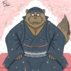  1:1 2019 anthro belly big_belly brown_body brown_fur canid canine closed_eyes clothing eyewear fur glasses humanoid_hands kemono male mammal overweight overweight_anthro overweight_male raccoon_dog robe sitting solo tanuki tanutronik753_k 