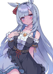  :o absurdres animal_ears asymmetrical_sleeves bare_shoulders black_dress blue_hair blush braid breasts collarbone commentary_request crown_braid dress female frilled_dress frilled_skirt frills hand_on_own_chest hands_up head_tilt highres horse_ears large_breasts long_hair long_sleeves looking_at_viewer mejiro_ardan_(umamusume) mola_mola off-shoulder_dress off_shoulder parted_lips purple_eyes short_sleeves simple_background skirt solo umamusume very_long_hair white_background white_skirt 