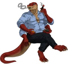  4_arms 4_pecs anthro beverage bottomwear cigar clothed clothing container crius cup hi_res holding_cigar holding_container holding_cup holding_object intricatevision invisible_chair male multi_arm multi_limb multi_pecs open_clothing open_shirt open_topwear pants pecs reptile scalie shirt sitting smoking snake solo tail thick_tail topwear 