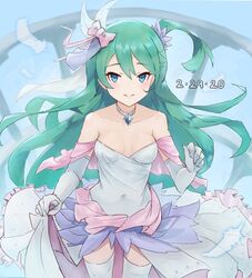  adapted_costume aqua_eyes aqua_hair bow breasts choker collarbone commentary covered_navel dated dragalia_lost dress elbow_gloves feathers female frilled_dress frills gloves hairbow long_hair looking_at_viewer medium_breasts odetta_(dragalia_lost) pink_bow punished_pigeon smile solo strapless strapless_dress thighhighs very_long_hair watermark white_choker white_dress white_gloves white_thighhighs 