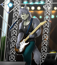  2012 black_clothing black_shirt black_tank_top black_topwear blue_bottomwear blue_clothing blue_pants bottomwear brown_nose canid canine canis clothed clothing countershade_face countershade_torso countershading domestic_dog electronics fully_clothed fur grey_body grey_fur grey_hair guitar hair husky jewelry kouya_(morenatsu) male mammal microphone morenatsu multicolored_body multicolored_fur musical_instrument necklace nordic_sled_dog pants playing_music plucked_string_instrument poge_jirushi shirt solo spitz stage string_instrument tank_top topwear two_tone_body two_tone_fur wristband 