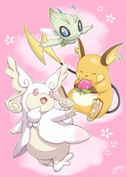  absurdres audino bad_id bad_twitter_id berry_(pokemon) blue_eyes celebi closed_eyes closed_mouth commentary_request eating highres holding irohero looking_back mega_audino mega_pokemon no_humans open_mouth outstretched_arms pink_eyes pokemon pokemon_(creature) raichu smile toes tongue 