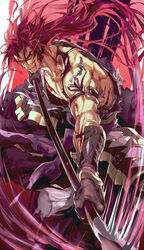  1boy blood clenched_teeth commentary_request glowing glowing_eye highres japanese_clothes kesurido long_hair long_sideburns looking_at_viewer male_focus muscular muscular_male polearm ponytail purple_hair sideburns sleeveless solo spear tattoo teeth tonbokiri_(touken_ranbu) touken_ranbu weapon yari yellow_eyes 