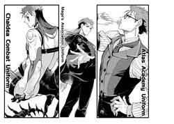  3boys alternate_costume atlas_academy_school_uniform bespectacled bodysuit candy capelet cloak commentary_request cosplay cu_chulainn_(caster)_(fate) cu_chulainn_(fate) cu_chulainn_(fate/stay_night) cu_chulainn_alter_(fate) earrings facial_mark fate/grand_order fate_(series) food fujimaru_ritsuka_(male) fujimaru_ritsuka_(male)_(chaldea_combat_uniform) fujimaru_ritsuka_(male)_(chaldea_combat_uniform)_(cosplay) fujimaru_ritsuka_(male)_(cosplay) fujimaru_ritsuka_(male)_(mage&#039;s_association_uniform) fujimaru_ritsuka_(male)_(mage&#039;s_association_uniform)_(cosplay) glasses greyscale guttia hair_down jewelry lollipop long_hair male_focus monochrome multiple_boys multiple_persona necktie official_alternate_costume photoshop_(medium) pinstripe_pattern school_uniform striped tail vest 