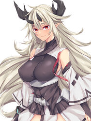  arknights bad_id bad_twitter_id belt black_shirt breasts closed_mouth cowboy_shot detached_sleeves female grey_hair highres horns impossible_clothes impossible_shirt inactive_account large_breasts layered_sleeves long_hair long_sleeves looking_at_viewer matoimaru_(arknights) pointy_ears red_eyes shirt simple_background sleeves_past_wrists smile solo suterii thick_eyebrows underbust very_long_hair white_background 