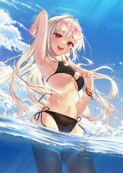  :d arm_up armpits bangle bare_shoulders bikini black_bikini blue_sky blush bracelet breasts cowboy_shot day dutch_angle earrings eyewear_on_head female hair_intakes halterneck heart heart-shaped_eyewear highres hoop_earrings jewelry kh_(kh_1128) long_hair looking_at_viewer medium_breasts nail_polish navel oerba_yun_fang open_mouth original outdoors partially_submerged red_eyes red_nails side-tie_bikini_bottom sky smile solo standing stomach string_bikini sunglasses sweat swimsuit teeth underboob upper_teeth_only wading water wet white_hair yellow-framed_eyewear 