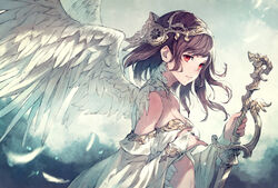  angel_wings bare_shoulders breasts bridal_gauntlets brown_hair cleavage closed_mouth cloud collarbone commentary detached_sleeves expressionless feathered_wings feathers female from_side headpiece highres holding holding_sword holding_weapon kusano_shinta long_hair looking_at_viewer looking_to_the_side medium_breasts motion_blur original outdoors revealing_clothes solo sword upper_body weapon white_wings wings 