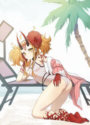  absurdres arm_support ass bare_shoulders barefoot beach beach_chair blonde_hair breasts colored_skin facial_mark fangs fate/grand_order fate_(series) feet female fingernails floral_print flower forehead_mark full_body hair_flower hair_ornament hairband hand_on_own_cheek hand_on_own_face hibiscus highres horns ibaraki_douji_(fate) ibaraki_douji_(swimsuit_lancer)_(fate) ibaraki_douji_(swimsuit_lancer)_(second_ascension)_(fate) japanese_clothes kimono kiritzugu kneeling long_fingernails looking_at_viewer one-piece_swimsuit oni oni_horns palm_tree pink_kimono red_flower red_skin sharp_fingernails sharp_toenails shore small_breasts smile smug soles solo swimsuit tattoo thighs third_eye toenails toes tree twintails unworn_kimono very_long_fingernails white_one-piece_swimsuit yellow_eyes 