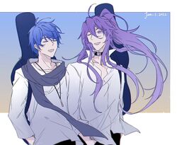  2boys belt_collar blue_hair blue_scarf closed_eyes collar commentary guitar_case hands_in_pockets instrument_case instrument_on_back kaito_(vocaloid) kamui_gakupo long_hair looking_at_another male_focus multiple_boys one_eye_closed open_mouth ponytail purple_eyes purple_hair scarf shirt smile standing upper_body vocaloid white_shirt yinnnn 