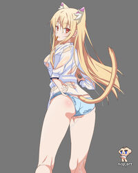  absurdres adjusting_clothes adjusting_panties animal_ears artist_name bare_legs blonde_hair blue_panties cat_ears cat_girl cat_tail cowboy_shot curious eating female food food_in_mouth food_on_face grey_background highres long_hair long_sleeves looking_at_viewer looking_back nisp_art panties red_eyes sakura-sou_no_pet_na_kanojo shiina_mashiro shirt standing tail torn_clothes torn_shirt underwear wet wet_clothes wet_panties wet_shirt white_shirt 