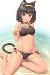  animal_ears bare_shoulders barefoot beach bikini black_bikini black_hair bracelet breasts cat_ears cat_girl cat_tail collar collarbone egyptian_cat_(sasaame) female groin hairband hand_up highres jewelry looking_at_viewer medium_breasts navel original parted_lips purple_eyes sasaame short_hair side-tie_bikini_bottom sitting solo stomach string_bikini swimsuit tail thighlet thighs water wet yokozuwari 