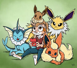  3_toes 4_fingers bad_guy_cafe blue_body blue_skin brown_body brown_eyes brown_fur crossover eevee eeveelution feet fingers flareon fur generation_1_pokemon group hi_res jolteon lagomorph leporid mammal nintendo ocerydia_zoona orange_body orange_fur pokemon pokemon_(species) rabbit tail tan_body tan_fur toes vaporeon yellow_body yellow_fur ziegelzeig 