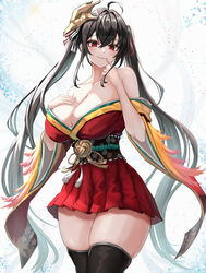  :3 ahoge azur_lane bare_shoulders black_hair black_thighhighs breasts cleavage dress female gradient_background hair_between_eyes hair_ornament hand_on_own_chest highres large_breasts long_hair long_sleeves looking_at_viewer moppo red_dress red_eyes sash smile solo_focus strapless strapless_dress taihou_(azur_lane) thick_thighs thighhighs thighs twintails very_long_hair 