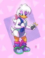  2019 4_fingers absurd_res anatid anseriform anthro avian beak bird clothed clothing daisy_duck disney duck feathers female fingers footwear full-length_portrait hi_res leotard megawolf77 portrait solo towel towel_on_shoulder white_body white_feathers 