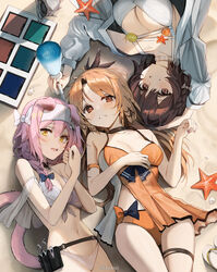  3girls :d animal_ears arknights arms_up bare_shoulders beruko14 bikini black_bow blush bow braid breasts brown_eyes brown_hair cat_ears cat_girl cat_tail cleavage collar commentary day feather_hair goldenglow_(arknights) grey_jacket hair_over_shoulder hairband hairbow highres holding jacket large_breasts long_hair long_sleeves lying makeup_brush mole mole_under_eye multiple_girls navel official_alternate_costume on_back on_ground open_clothes open_jacket open_mouth orange_bikini outdoors parted_bangs pinecone_(arknights) pink_hair roberta_(arknights) roberta_(summer_flowers)_(arknights) seashell shell short_hair side_braid single_braid smile starfish swimsuit symbol-only_commentary tail teeth thigh_gap twitter_username upper_teeth_only very_long_hair white_bikini white_bow white_hairband yellow_eyes 