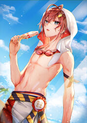  1boy absurdres blue_eyes crown food highres ice_cream looking_at_viewer male_focus male_swimwear mini_crown open_mouth outdoors red_hair riddle_rosehearts short_hair solo swim_trunks swimsuit twisted_wonderland yuduki_(tt-yuduki) 