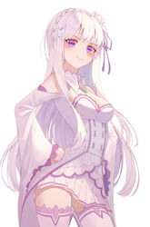  bad_id bad_pixiv_id bad_proportions blush braid breasts cleavage closed_mouth clothing_cutout collar cowboy_shot crown_braid daimi_94 detached_collar emilia_(re:zero) female floating_hair flower hair_flower hair_ornament hair_ribbon hand_on_own_hip highres jewelry long_hair looking_at_viewer medium_breasts miniskirt pendant pleated_skirt purple_eyes purple_ribbon re:zero_kara_hajimeru_isekai_seikatsu ribbon shoulder_cutout simple_background skirt solo standing thighhighs very_long_hair white_background white_collar white_flower white_hair white_skirt white_thighhighs x_hair_ornament zettai_ryouiki 