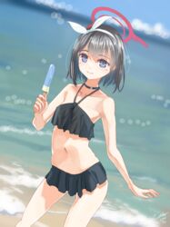  absurdres beach bikini black_bikini black_hair blue_archive blurry bokeh bow bow_hairband commentary cowboy_shot dated day depth_of_field dutch_angle female food frilled_bikini frills hairband halo highres holding holding_food laminar_flow light_blush light_smile looking_at_viewer mashiro_(blue_archive) mashiro_(swimsuit)_(blue_archive) midriff navel no_wings outdoors popsicle purple_eyes red_halo short_hair signature solo summer swimsuit water white_bow white_hairband winged_halo 