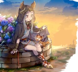  animal_ears cloak ears_through_headwear erune female flower granblue_fantasy grey_hair highres hood hooded_cloak hydrangea jewelry kuzumiya_yuyu long_hair looking_at_another pendant red_eyes ring scathacha_(granblue_fantasy) sitting vyrn_(granblue_fantasy) 