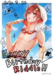  1boy blue_eyes card crown food happy_birthday highres ice_cream looking_at_viewer male_focus male_swimwear mini_crown open_mouth red_hair riddle_rosehearts short_hair solo swim_trunks swimsuit twisted_wonderland yuduki_(tt-yuduki) 