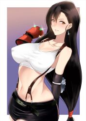  belt black_belt black_hair black_skirt breasts brown_eyes cleavage commentary_request covered_nipples earrings elbow_pads female final_fantasy final_fantasy_vii fingerless_gloves glint gloves highres jewelry kawabata_yoshihiro large_breasts long_hair low-tied_long_hair miniskirt red_gloves skirt smile solo sports_bra suspenders tifa_lockhart very_long_hair white_sports_bra 
