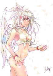  artist_request bikini bird_wings breasts cleavage closed_mouth cowboy_shot expressionless feathered_wings female front-tie_bikini_top front-tie_top glowing glowing_eyes groin hair_between_eyes hand_up long_hair mammon_(tomb_raider_king) simple_background single_wing small_breasts solo swimsuit tomb_raider_king white_background white_bikini white_hair white_wings wings wristband yellow_eyes 