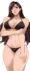  alternate_costume bikini black_bikini black_hair breasts cleavage commentary earrings english_commentary female final_fantasy final_fantasy_vii fingernails highres jewelry large_breasts lips long_hair navel parted_lips pink_lips red_eyes simple_background solo stomach swimsuit tifa_lockhart tommy_(kingdukeee) white_background 