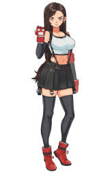  absurdres arm_at_side asymmetrical_bangs bare_shoulders belt black_belt black_gloves black_shoes black_skirt black_thighhighs black_trim breasts buckle clenched_hand closed_mouth collarbone colored_shoe_soles commentary crop_top cross-laced_shoes earrings elbow_gloves english_commentary female final_fantasy final_fantasy_vii fingerless_gloves full_body gloves hair_over_shoulder hair_tie hand_up high_tops highres invisible_floor jewelry large_breasts long_eyelashes long_hair looking_at_viewer low-tied_long_hair matheus_felipe midriff miniskirt mma_gloves multicolored_shoes navel open_belt orange_eyes parted_bangs parted_hair pleated_skirt red_gloves red_shoes shoes sidelocks simple_background skindentation skirt smile snap-fit_buckle sneakers solo standing straight_hair tank_top thick_eyelashes thick_thighs thighhighs thighs tifa_lockhart tight_top two-tone_shoes v-shaped_eyebrows very_long_hair white_background white_tank_top zettai_ryouiki 