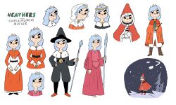  anthro barefoot belt blue_hair capotain cartoon_network circlet cloak clothing concept_art domestic_cat dress eyebrows feet felid feline felis female footwear gloves hair handwear hat headgear headwear jewelry looking_aside looking_at_viewer magic_wand mammal mrs._mccallister_(sci) outside pendant pilgrim shoe_buckles shoes simple_background solo staff star summer_camp_island thick_eyebrows wellmaus white_background 