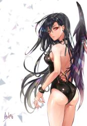  alternate_costume artist_request ass back backless_swimsuit bird_wings black_choker black_hair black_one-piece_swimsuit black_wings breasts choker closed_mouth cowboy_shot crow_(tomb_raider_king) ear_piercing expressionless eyelashes feathered_wings female glowing glowing_eyes hair_between_eyes long_hair medium_breasts one-piece_swimsuit piercing red_eyes simple_background single_wing solo swimsuit tomb_raider_king very_long_hair white_background wings wristband 