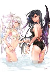  2girls alternate_costume artist_request ass back backless_swimsuit bikini bird_wings black_choker black_hair black_one-piece_swimsuit black_wings breasts choker cleavage closed_mouth cowboy_shot crow_(tomb_raider_king) ear_piercing expressionless eyelashes feathered_wings front-tie_bikini_top front-tie_top glowing glowing_eyes groin hair_between_eyes hand_up long_hair mammon_(tomb_raider_king) medium_breasts multiple_girls one-piece_swimsuit piercing red_eyes simple_background single_wing small_breasts solo swimsuit tomb_raider_king very_long_hair wading white_background white_bikini white_hair white_wings wings wristband yellow_eyes 