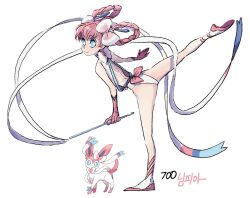  athletic_leotard blue_eyes bow bright_pupils commentary eyelashes female gloves gymnastics gymnastics_ribbon hair_rings hairbow leotard open_mouth personification pink_gloves pink_hair pokemon pokemon_(creature) reference_inset standing standing_on_one_leg sylveon tamtamdi translated white_pupils 