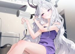  ahoge bare_legs bare_shoulders blue_archive commentary_request demon_horns drying drying_hair feet_out_of_frame female fingernails grey_hair hair_dryer halo head_tilt hina_(blue_archive) holding holding_hair_dryer horns indoors karasu-san_(syh3iua83) long_hair multiple_horns naked_towel purple_eyes purple_towel sideways_glance sitting solo towel very_long_hair 