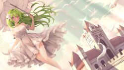  bird blue_sky breasts castle cleavage closed_mouth cloud dress dutch_angle feathers feet_out_of_frame female floating_hair flower frilled_dress frills green_hair hair_flower hair_ornament highres holding holding_umbrella large_breasts long_hair looking_to_the_side mocha_(osu!) osu! parasol pink_eyes second-party_source short_dress sideways_glance skirt_hold sky smile solo split_mouth standing strapless strapless_dress umbrella vio_(osu!_player) white_dress white_feathers white_flower white_umbrella 