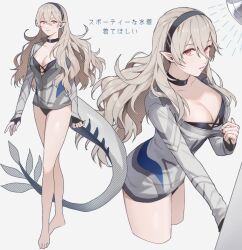  ai_tkkm bare_legs black_choker black_hairband breasts choker cleavage collarbone corrin_(female)_(fire_emblem) corrin_(fire_emblem) dragon_tail female fire_emblem fire_emblem_fates full_body grey_hair hairband highres large_breasts long_hair long_sleeves looking_at_viewer parted_lips pointy_ears red_eyes simple_background solo standing tail white_background 