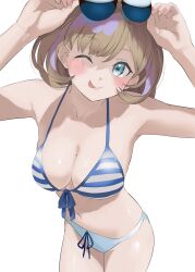  ;p adjusting_eyewear bikini blue_eyes blush breasts cleavage collarbone commentary_request contrapposto female grey_hair hanamaruyama628 hands_up highres looking_at_viewer love_live! love_live!_superstar!! medium_breasts navel one_eye_closed short_hair solo standing stomach string_bikini sunglasses swept_bangs swimsuit tang_keke tongue tongue_out upper_body white_background 